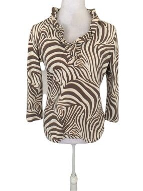 J. McLaughlin Women’s Small Brown Cream Animal Print Catalina Cloth Ruffle Top